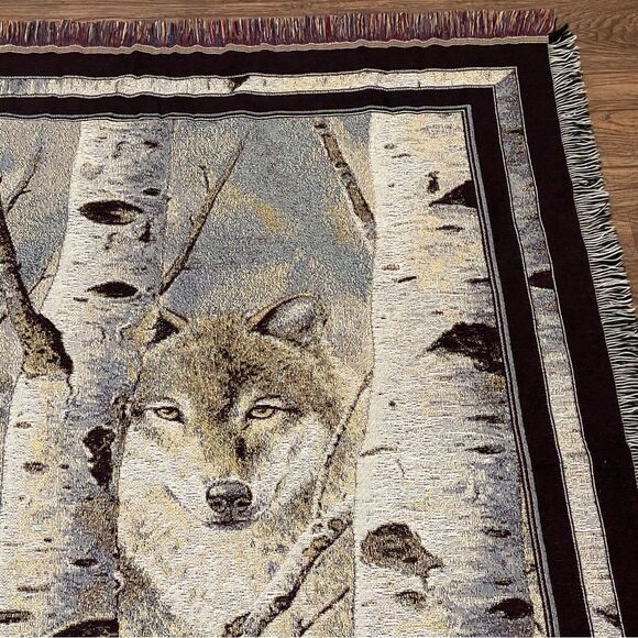 NWOT Mohawk Fleeting Glimpse Wolf In Birch Trees Tapestry Throw by David Wendell - Picture 3 of 9